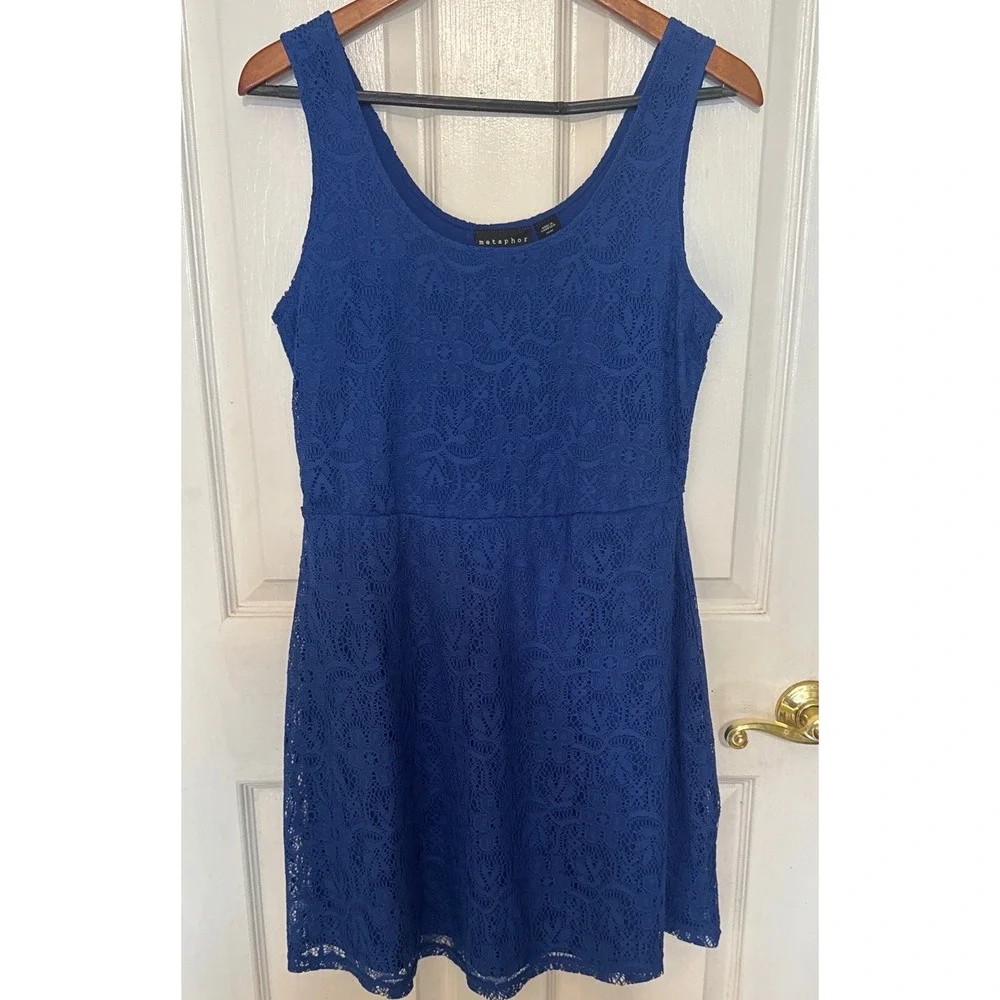Metaphor Lace Fit and Flare Dress Womens Medium Blue Excellent Sleeveless Floral